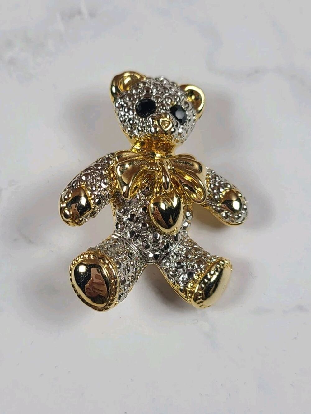 Gold Tone Teddy Bear Brooch Pin Clear Rhinestones Black Eyes Heart Charm Cute